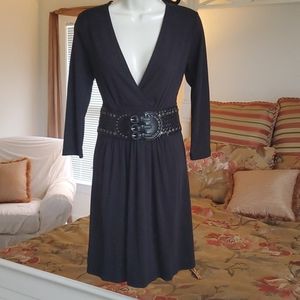 Black faux wrap dress with wide belt